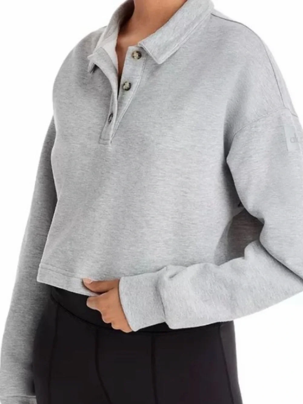 NWT Alo Yoga Polo  Henley Sweatshirt Small Grey Long Sleeve Button Collar Logo